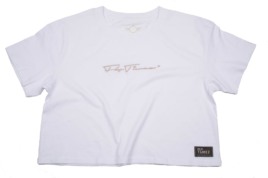 Image of FLYTIMEZ WOMEN'S "SIGNATURE" EMBROIDERED CROP TEE (WHITE)