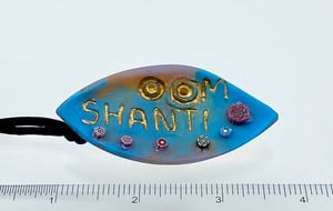 Image of Pate de Verre Glass Pendant With Canes, "OM Shanti" Lotus Petal in Gold, Turquoise, and pink 
