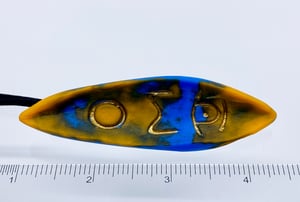 Image of Pate de Verre Glass "OM" Lotus Petal Shaped Pendant with Third Eye in Blue and Yellow