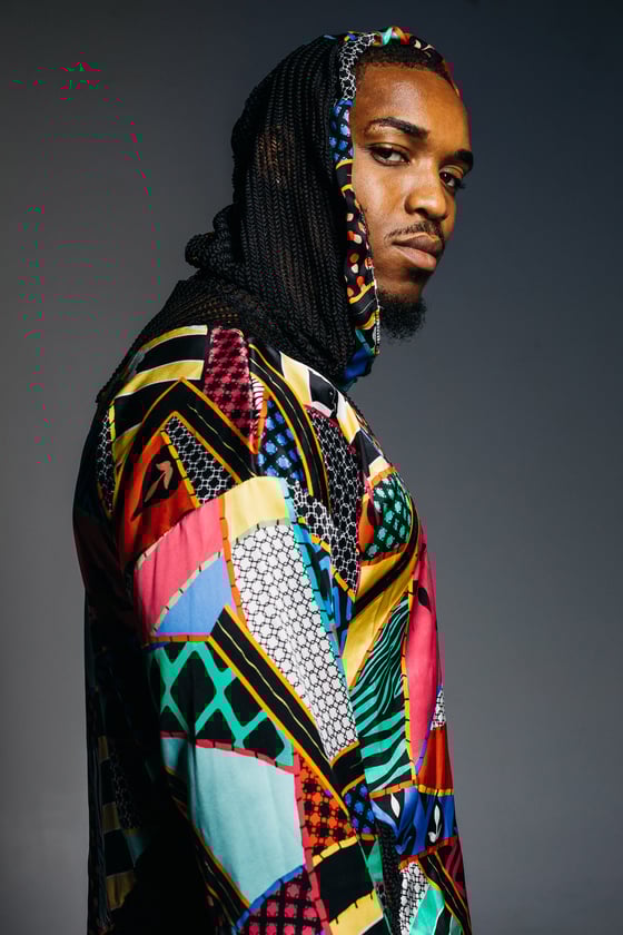 Image of MENS BLACK NET AND PRINTED SILK HOODIE
