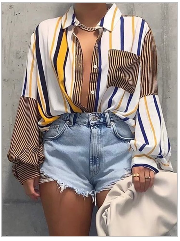 Image of STRIPED PUFFED SLEEVE BLOUSES 