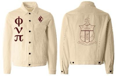Image of Cream/Crimson Jean Jacket PHI NU PI LETTERS front SHIELD BACK 