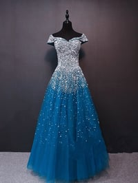 Image 2 of Sparkle Tulle Long Beaded Long Prom Dress, Off Shoulder Formal Dress