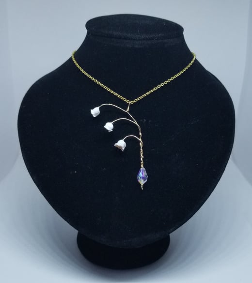 REAL Preserved Lily of the Valley Pendant w/ Swarovski Crystal Briolette