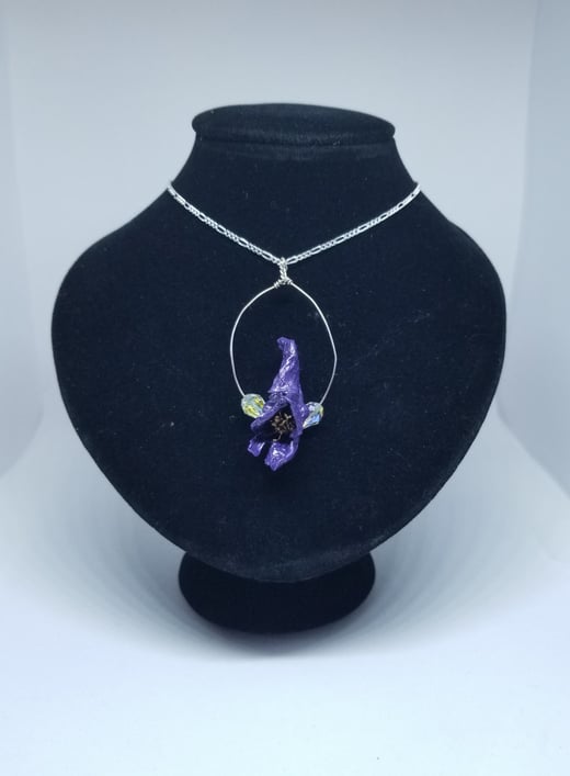 Bright Purple REAL Preserved Wolfsbane Flower Pendant w/ Swarovski Crystal Briolettes