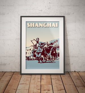 Image of Vintage Poster Shanghai - Chinese Rickshaw - Blue - Fine Art Print