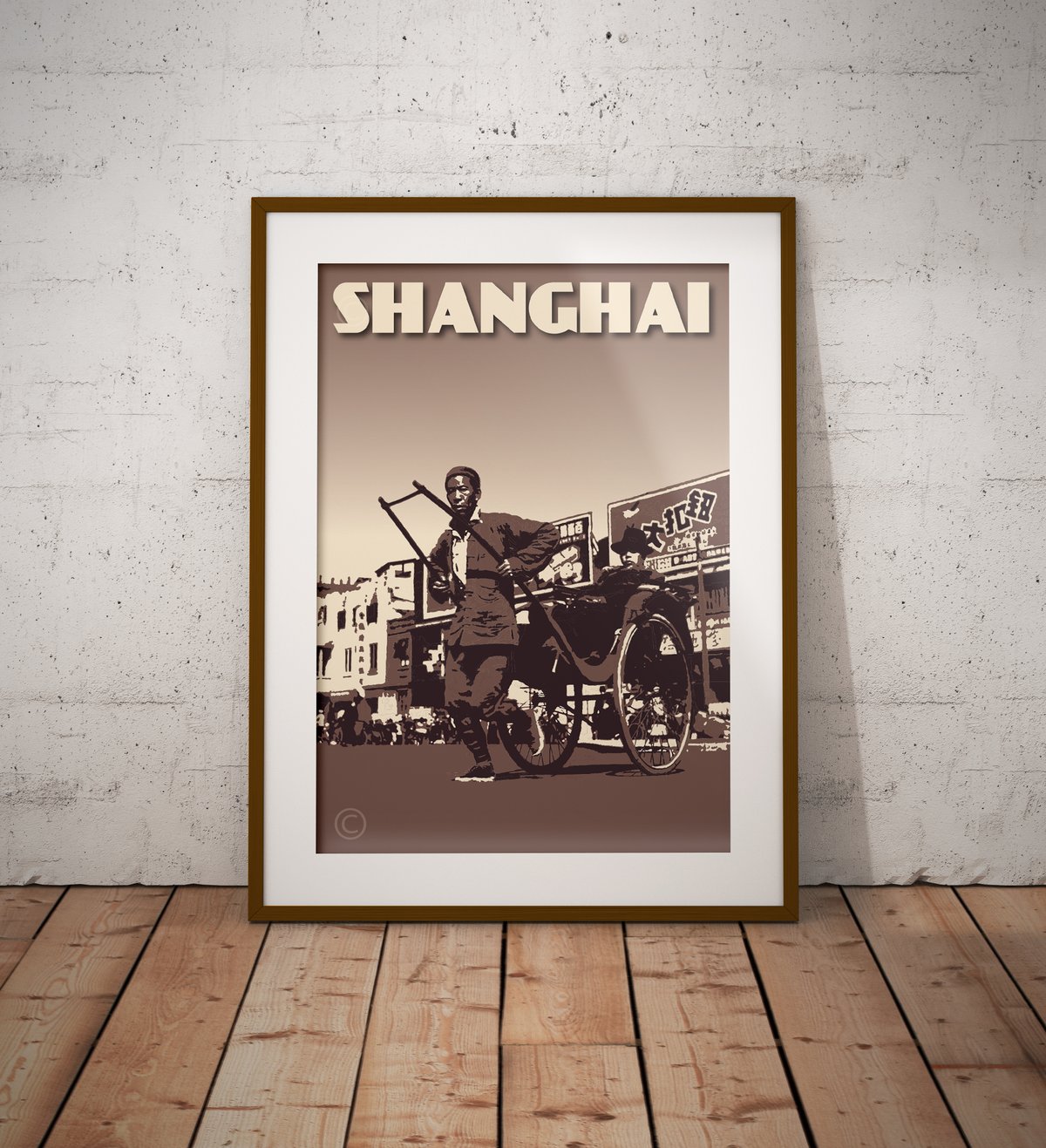 Image of Vintage Poster Shanghai - Chinese Rickshaw - Brown - Fine Art Print
