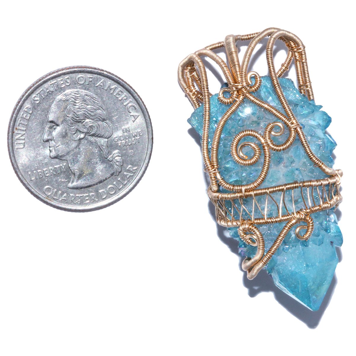 Aqua Aura Spirit Quartz Crystal 14k GF Woven Wire Wrap Pendant