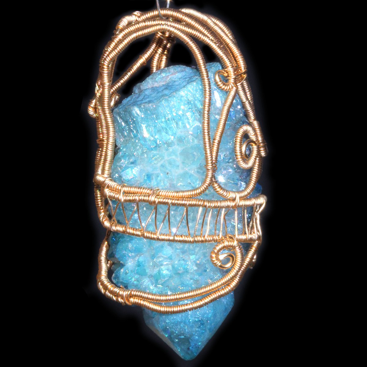 Aqua Aura Spirit Quartz Crystal 14k GF Woven Wire Wrap Pendant