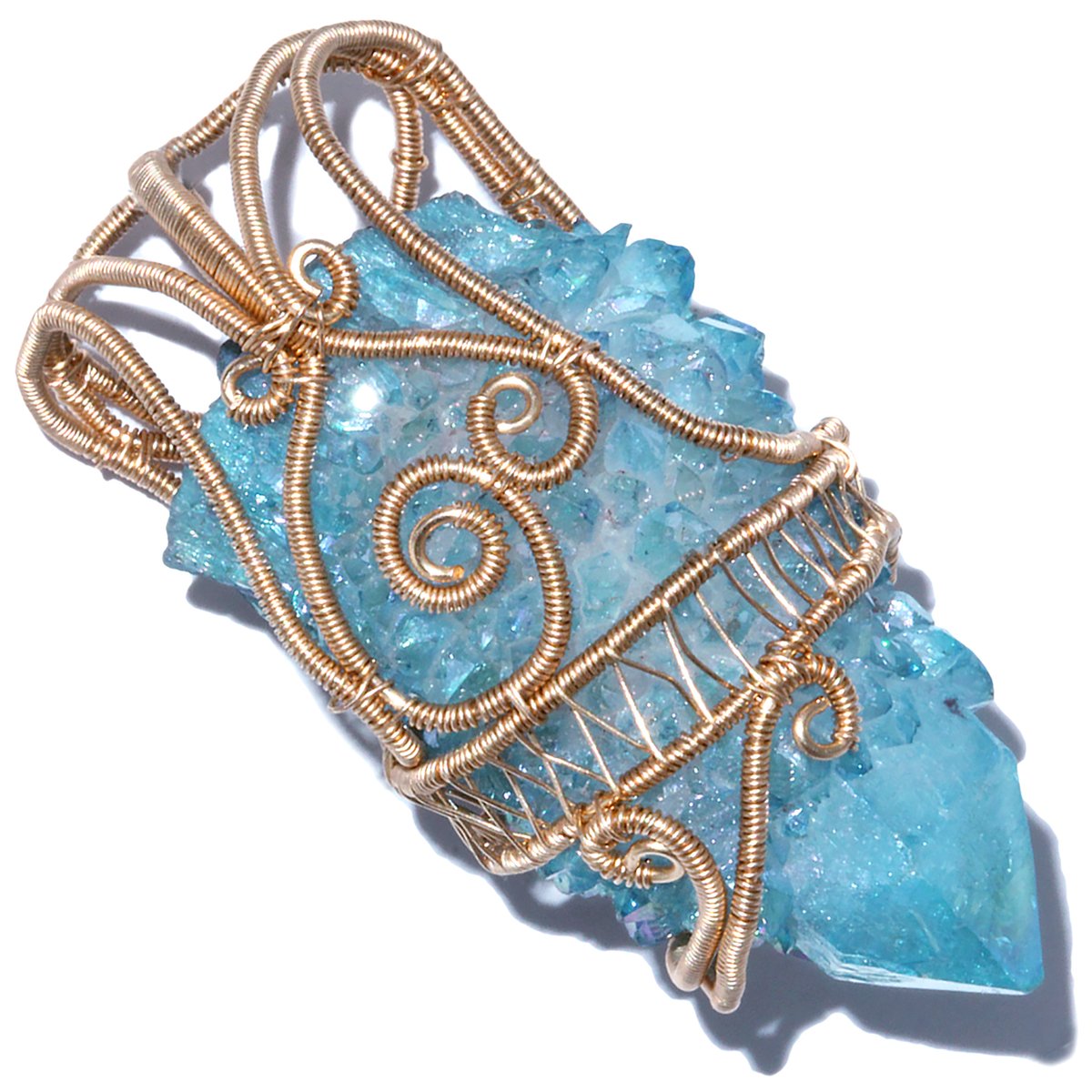 Aqua Aura Spirit Quartz Crystal 14k GF Woven Wire Wrap Pendant