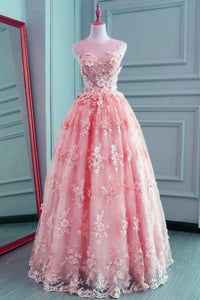 Image 1 of Pink Lace Organza Tulle Round Neckline Long Party Dress, Junior Prom Dress