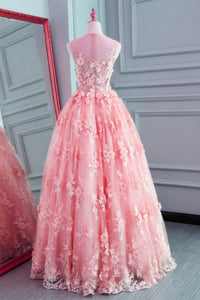 Image 3 of Pink Lace Organza Tulle Round Neckline Long Party Dress, Junior Prom Dress