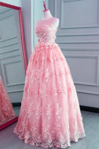Image 2 of Pink Lace Organza Tulle Round Neckline Long Party Dress, Junior Prom Dress