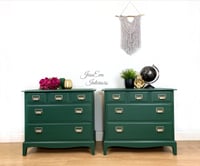 Image 1 of 2x Stag Minstrel CHEST OF DRAWERS / LARGE BEDSIDE TABLES/CABINETS painted in dark green.