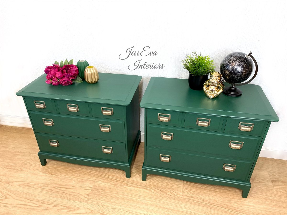 2x Stag Minstrel CHEST OF DRAWERS / LARGE BEDSIDE TABLES/CABINETS painted in dark green.