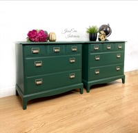 Image 5 of 2x Stag Minstrel CHEST OF DRAWERS / LARGE BEDSIDE TABLES/CABINETS painted in dark green.