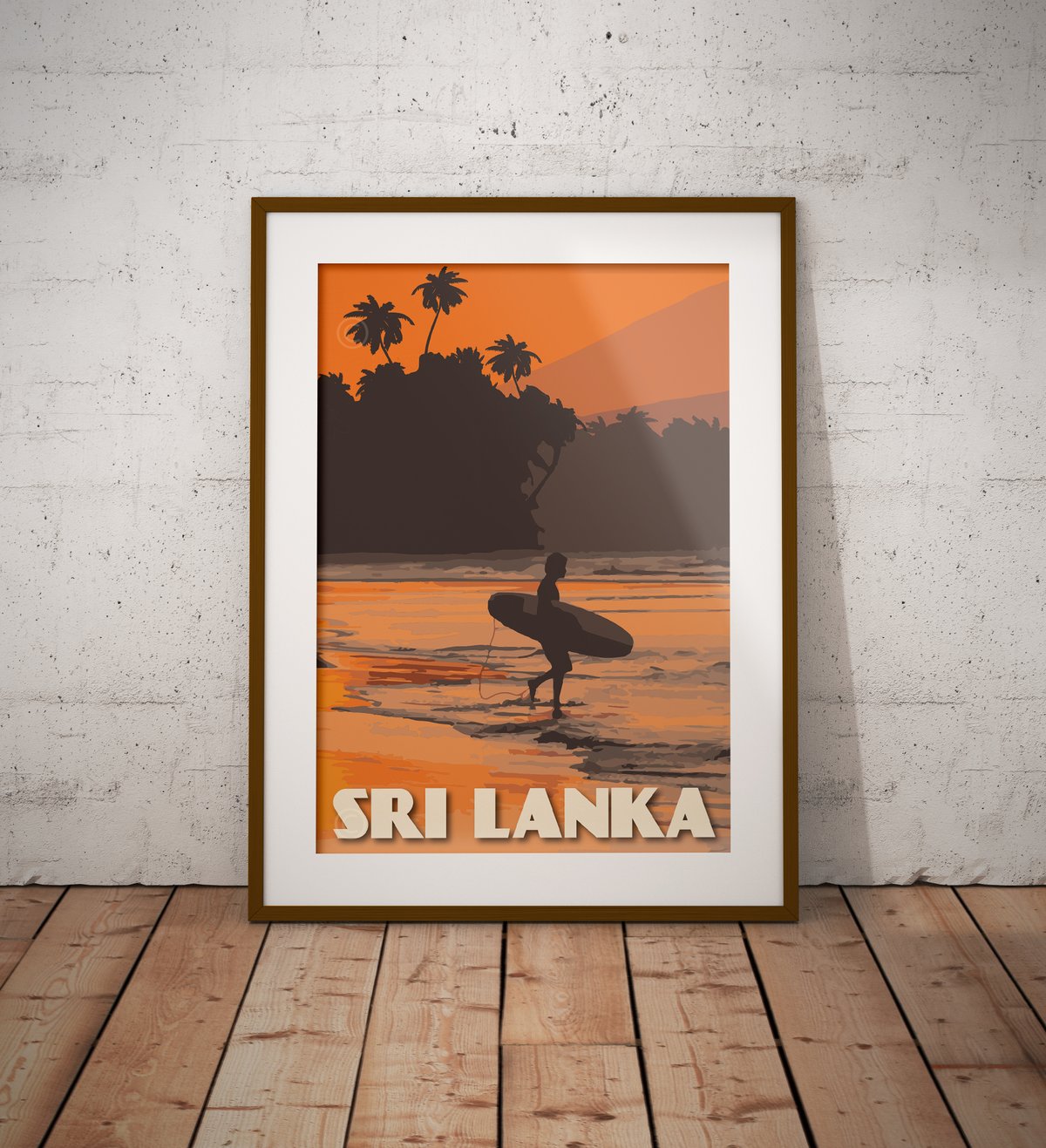 Image of Vintage Poster Sri Lanka - Surfer on the Beach - Orange - Fine Art Print