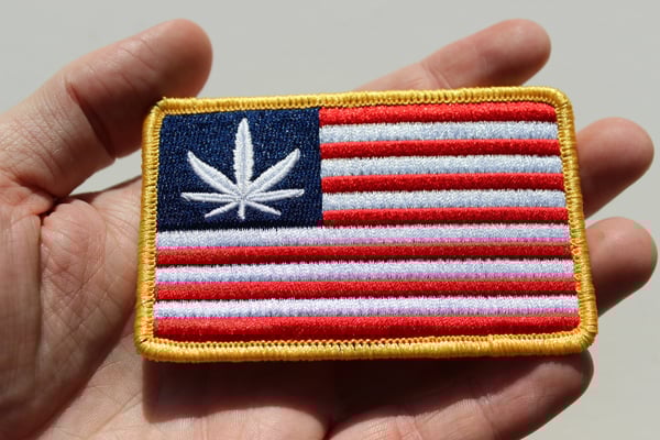 Image of United States of hemp American Flag embroidered iron-on patch Red white and Blue 3.5in x 2.25in Weed