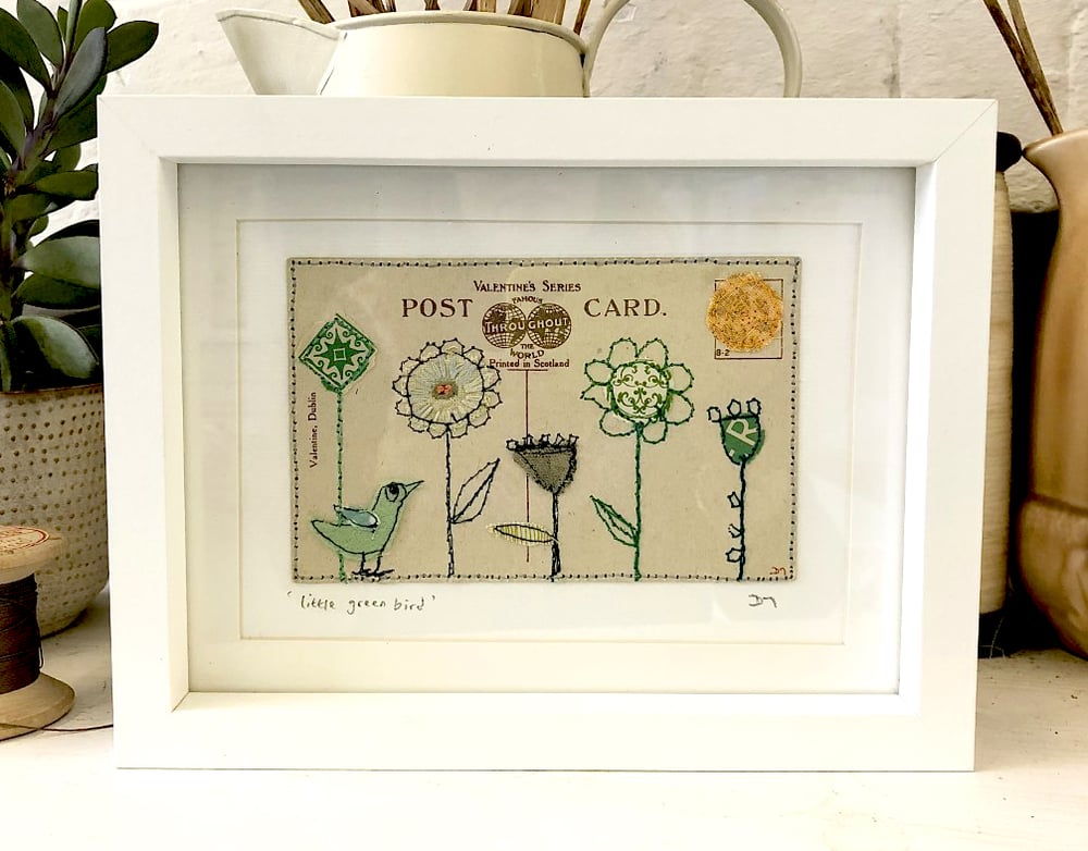Little Green Bird Framed Postcard Piece
