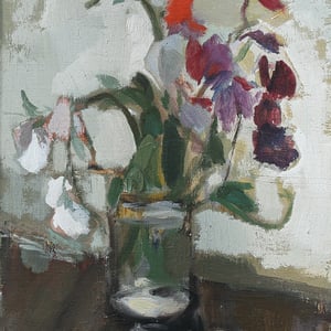 Image of Mid Century, Swedish Oil Painting, 'Sweet Peas,' ERIK ALMGREN