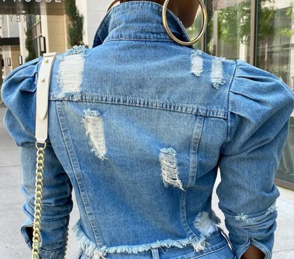 Image of RE Denim Puffy Sleeved Jacket/ RE Ruffled Mesh Tee (Body Con Fit)
