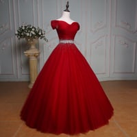 Image 1 of Wine Red Sequins Sweetheart Tulle Formal Dress, Long Prom Dress
