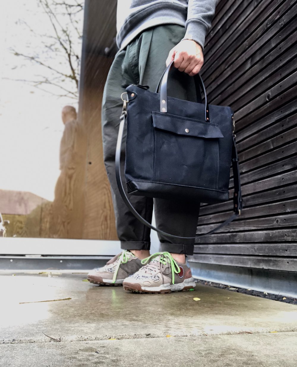 Image of Black briefcase in waxed canvas with outside pocket - wax canvas attache - waterproof satchel