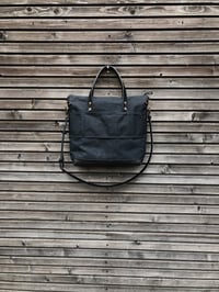 Image 2 of Black briefcase in waxed canvas with outside pocket - wax canvas attache - waterproof satchel 