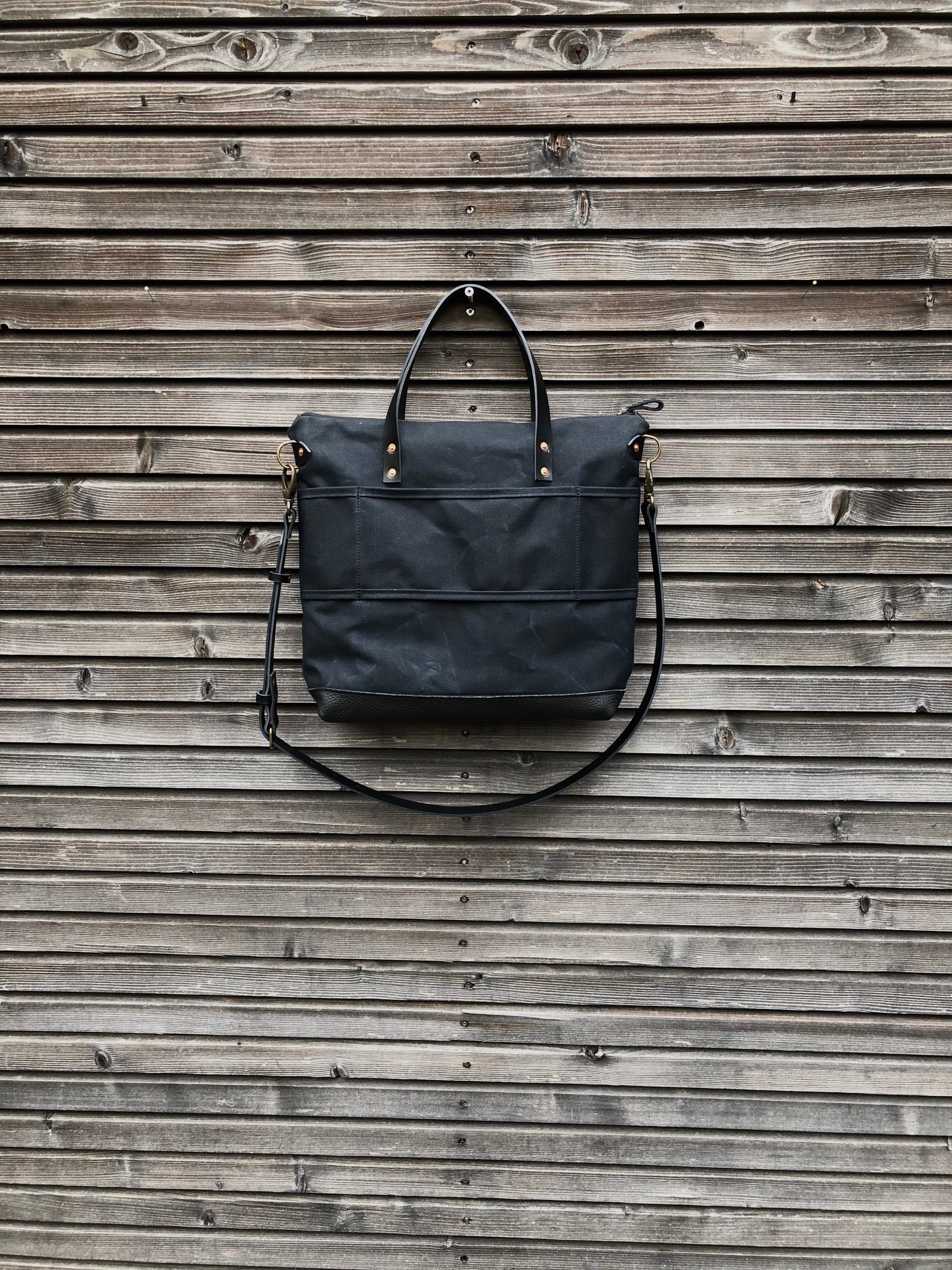 Image of Black briefcase in waxed canvas with outside pocket - wax canvas attache - waterproof satchel