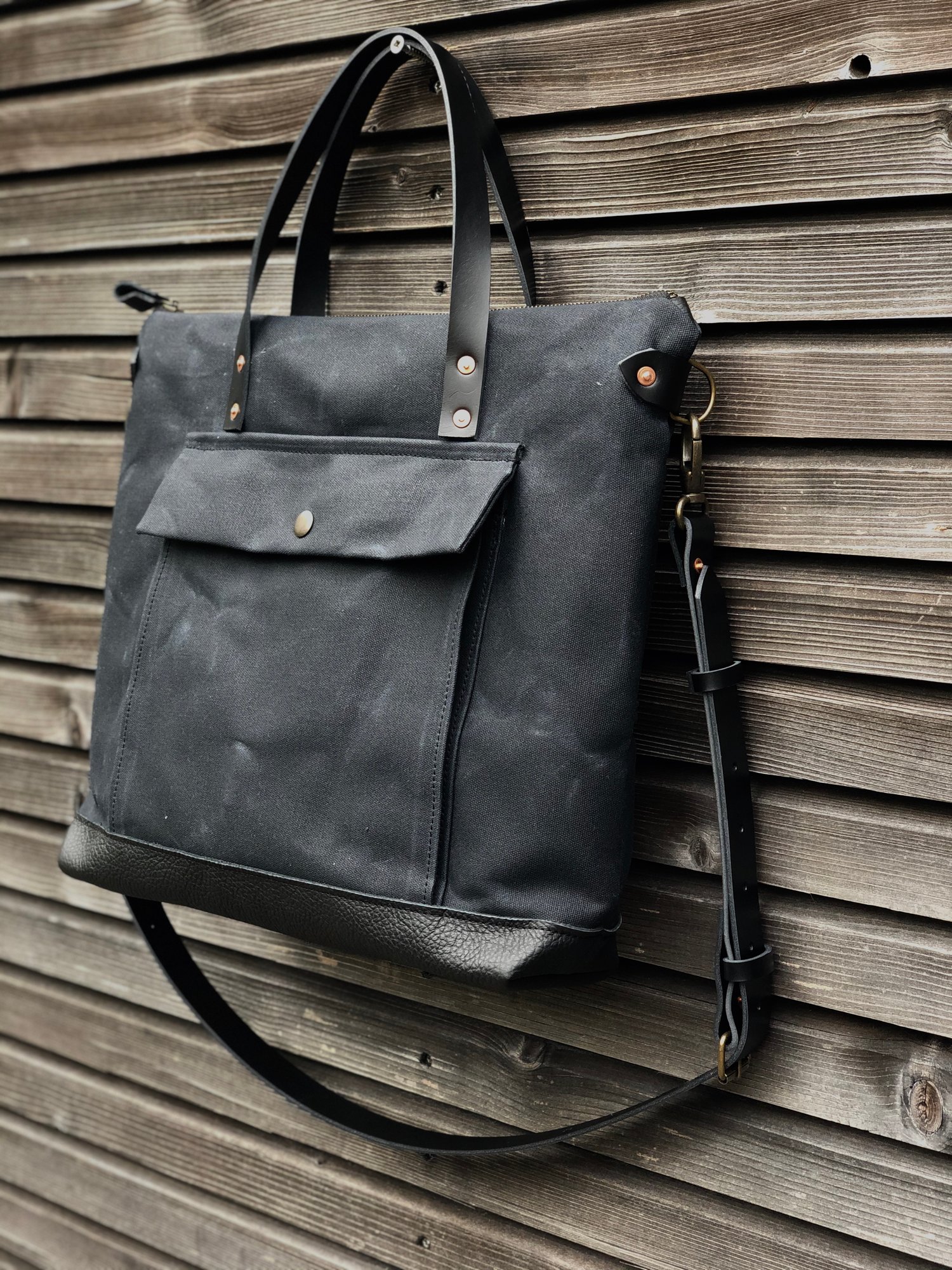 Image of Black briefcase in waxed canvas with outside pocket - wax canvas attache - waterproof satchel