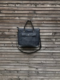 Image 5 of Black briefcase in waxed canvas with outside pocket - wax canvas attache - waterproof satchel 