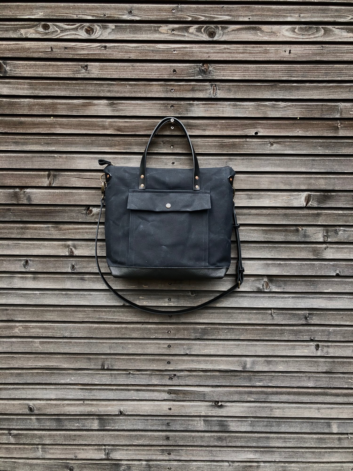 Image of Black briefcase in waxed canvas with outside pocket - wax canvas attache - waterproof satchel 