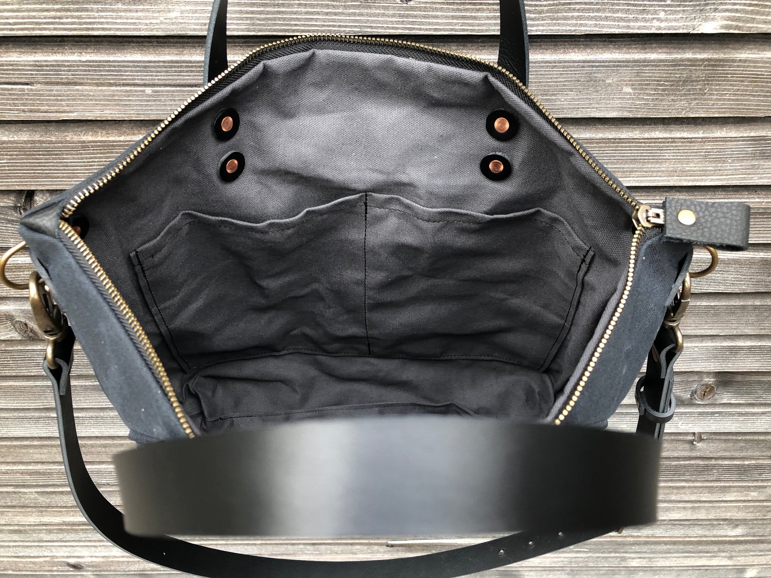 Image of Black briefcase in waxed canvas with outside pocket - wax canvas attache - waterproof satchel