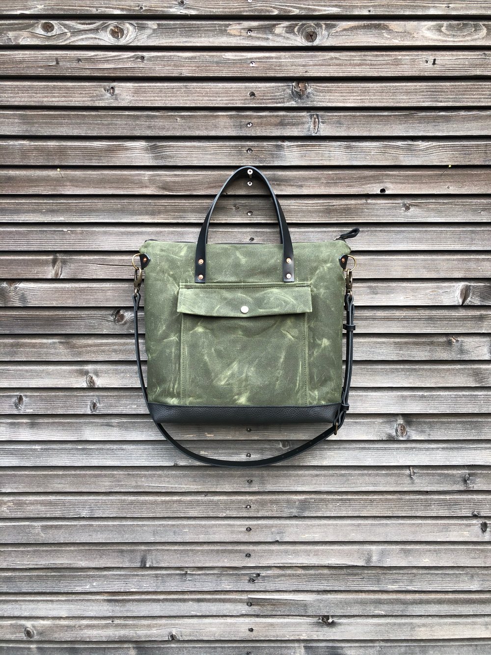 Image of Olive green Briefcase in waxed canvas with outside pocket - waxed canvas attache