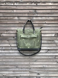Image 1 of Olive green Briefcase in waxed canvas with outside pocket - waxed canvas attache 