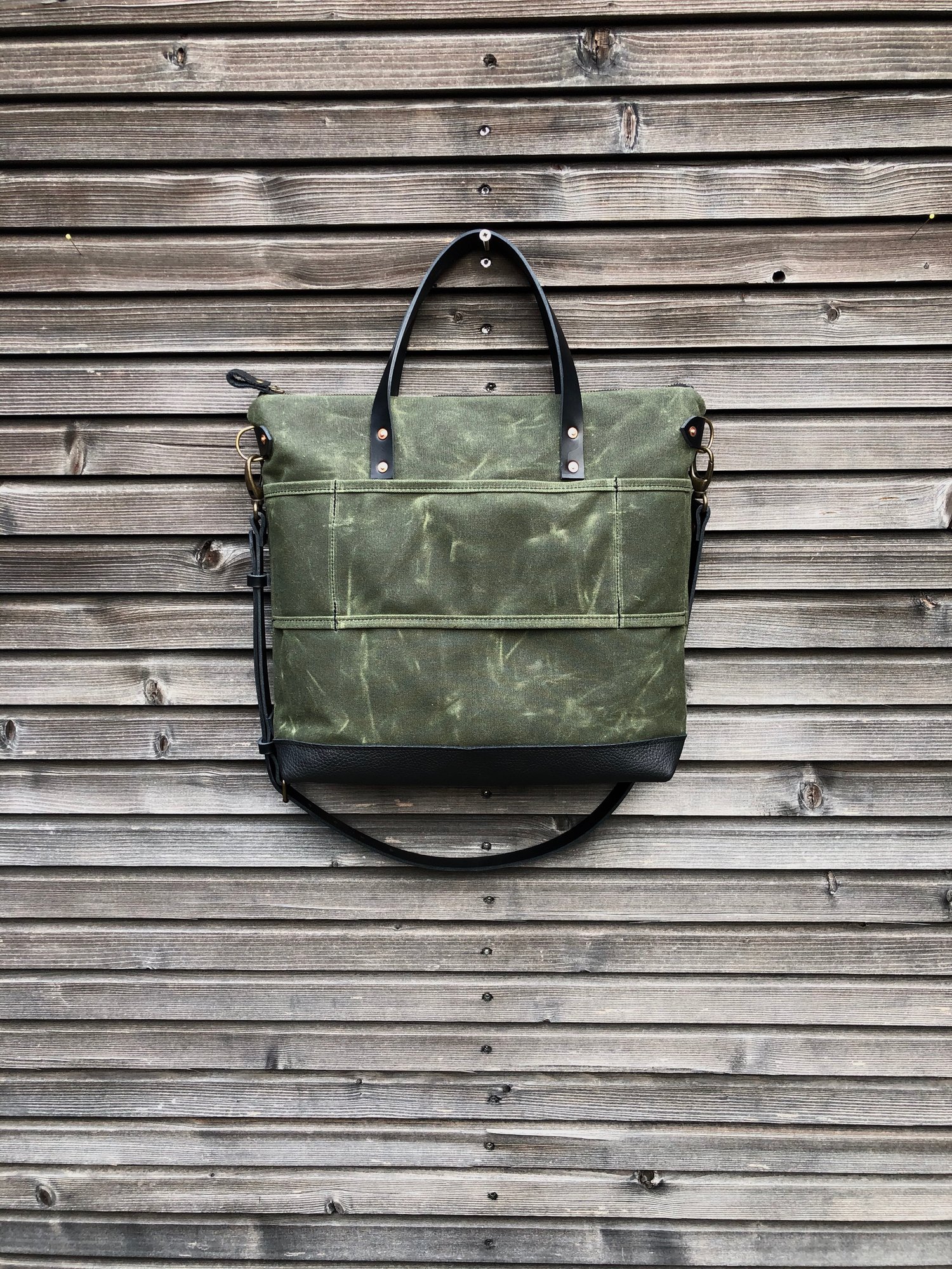 Image of Olive green Briefcase in waxed canvas with outside pocket - waxed canvas attache 