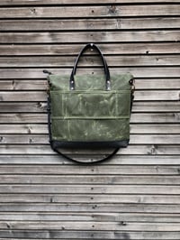 Image 5 of Olive green Briefcase in waxed canvas with outside pocket - waxed canvas attache 