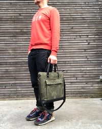 Image 3 of Olive green Briefcase in waxed canvas with outside pocket - waxed canvas attache 