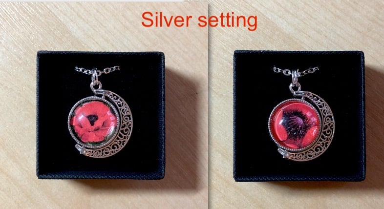 Image of Silver or Bronze double sided, glass cabochon Poppy pendant.