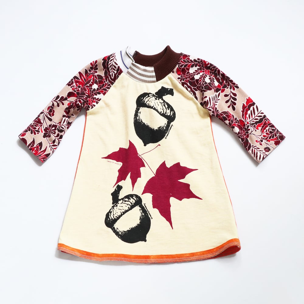 Image of it's fall y'all gift 12m baby tunic dress long sleeved autumn maple leaf leaves acorns acorn nut 