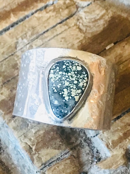 Image of Columbus Turquoise Wide Band Hammered Sterling Silver Ring 