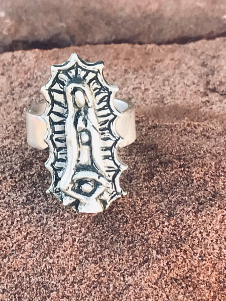 Image of Hand Carved Silver Guadalupe Ring with Plain Band