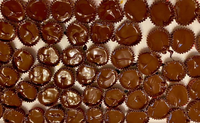 Dark chocolate peanut butter cups in a box