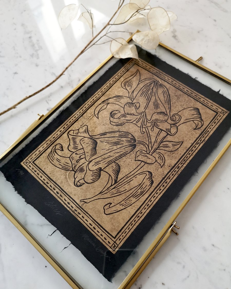 Image of Lilies Linoprint Gold