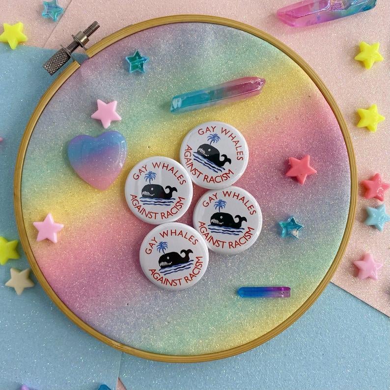 Image of Gay Whales Against Racism Button Badge