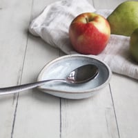 Image 2 of Medium Size Spoon Rest in Blue White Glaze on Speckled Stoneware, Coffee Station Dish