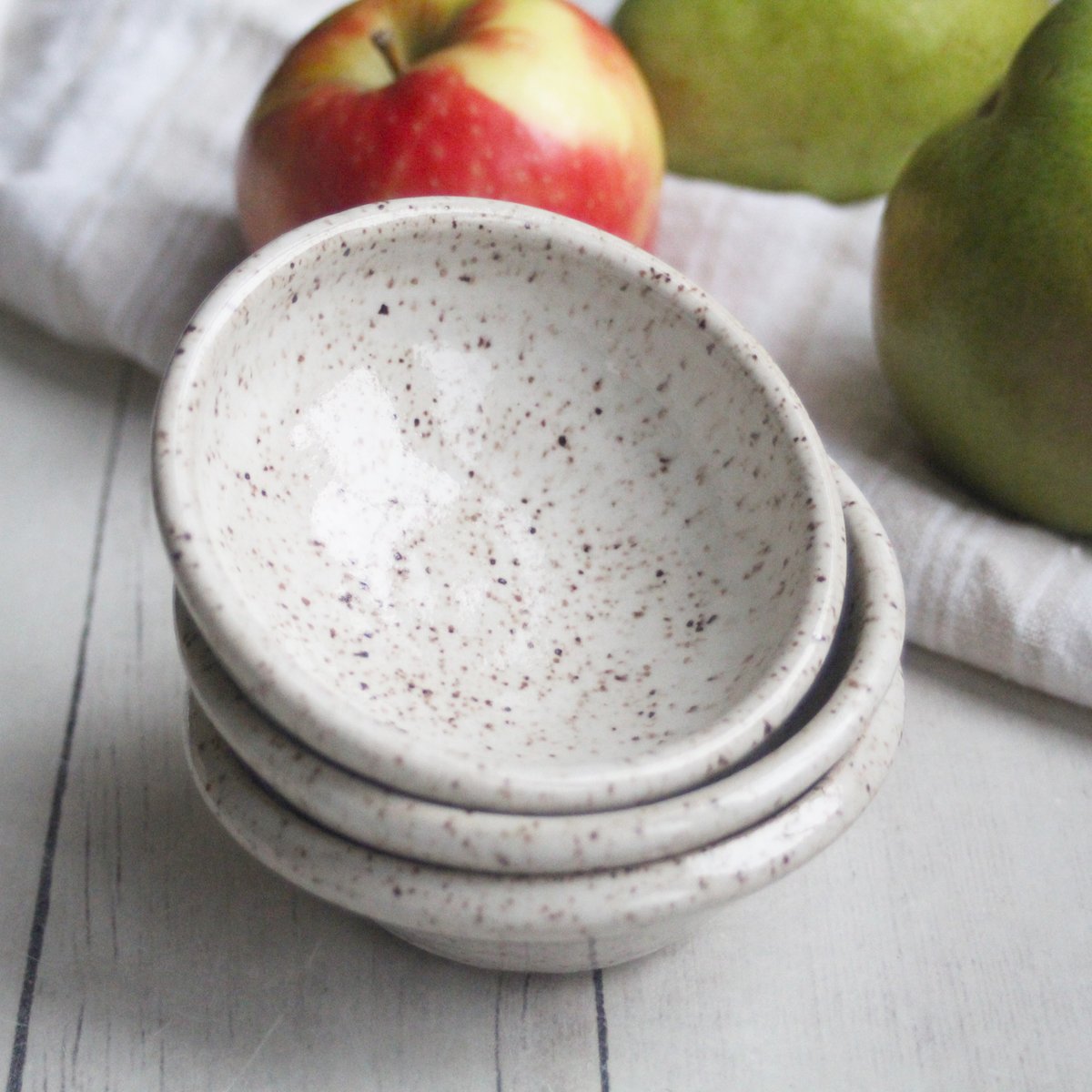 Andover Pottery — Three Small Rustic Prep Bowls in Speckled Stoneware and  White Blush Blue Glaze Made in USA