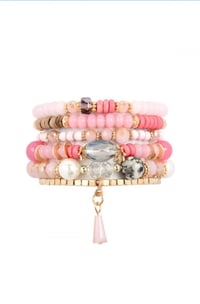 Image 1 of Pink Multi Stone Beaded Tassel Bracelets 