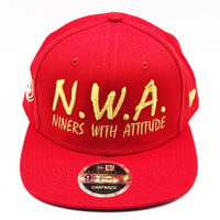 Image 1 of N.W.A. & New Era Red Polyester Snapback w/ Metallic Gold Stitching