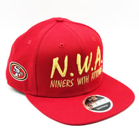 Image 2 of N.W.A. & New Era Red Polyester Snapback w/ Metallic Gold Stitching